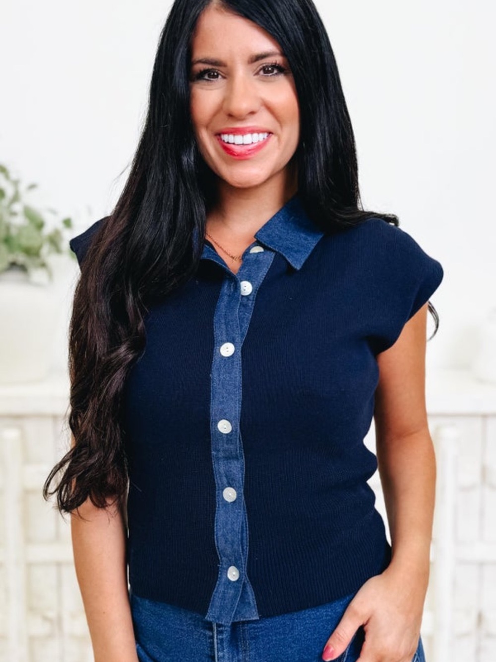 eesome Navy Knit Button-Front Top with Denim Trim